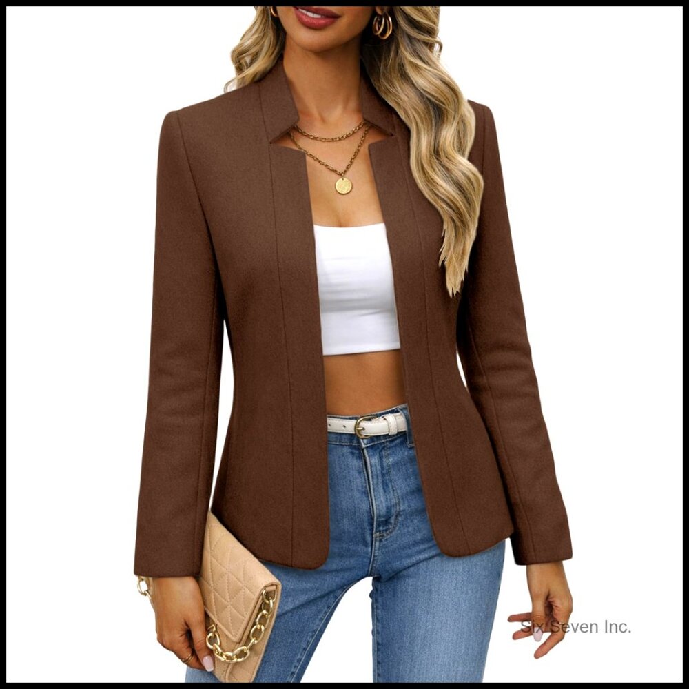 Wool Blend Tweed Plaid Blazer Jacket Open Front Stand Collar Casual Work Office